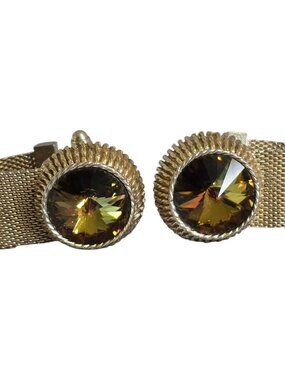 Vintage Dante Gold Tone Wrap Around Cufflinks Rivoli Rhinestone Green/Gold Shift